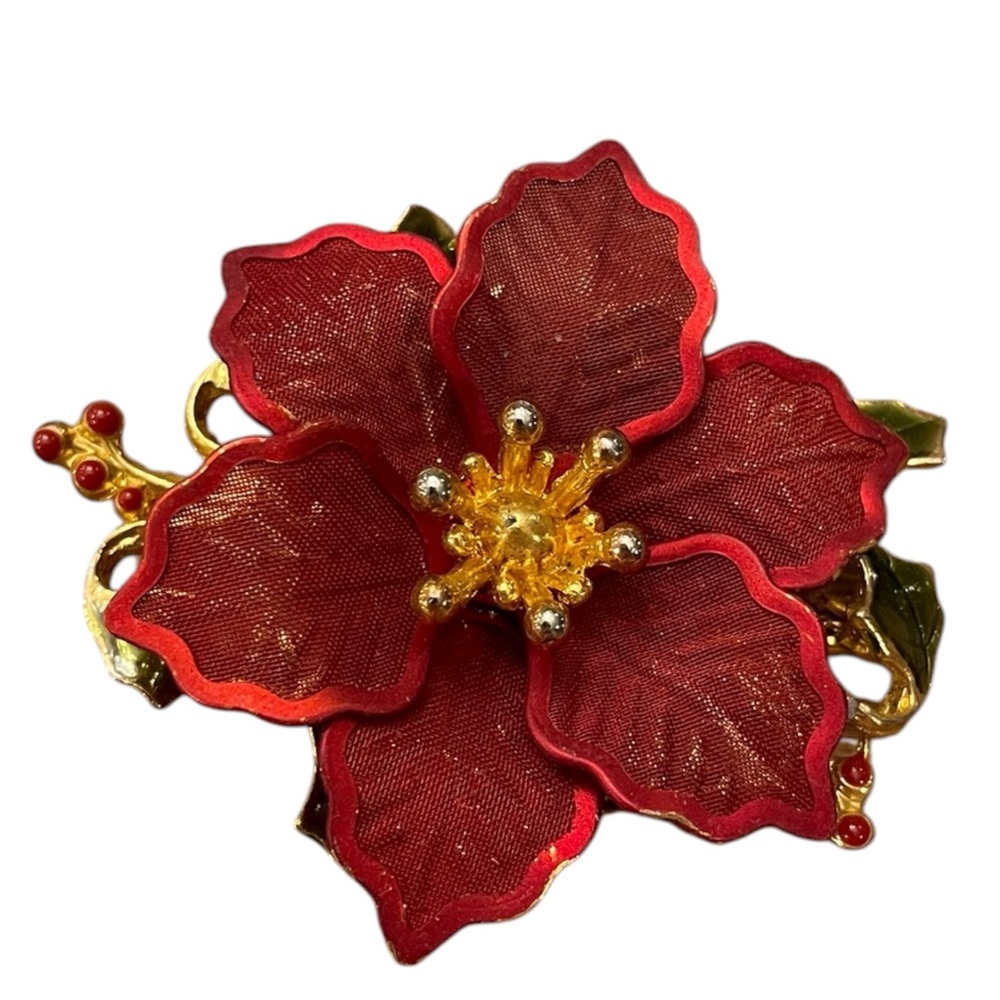 Signed KC Kenneth Cole Red Poinsettia Mesh Enameled Flower Brooch Pin Christmas